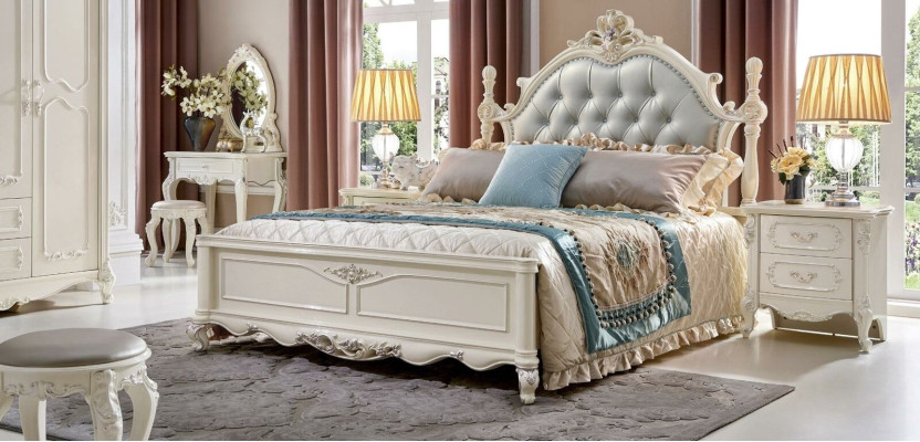 Conjunto de dormitorio clásico Cama Muebles de madera maciza 2x Mesita de noche 3 piezas