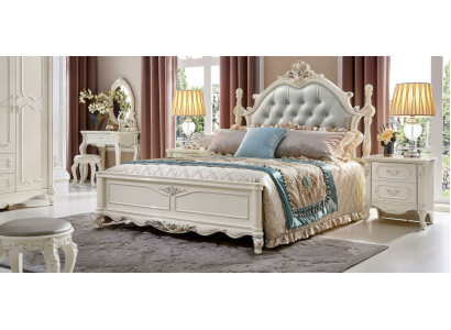 Conjunto de dormitorio clásico Cama Muebles de madera maciza 2x Mesita de noche 3 piezas