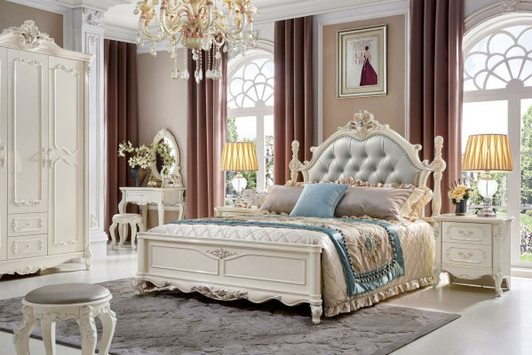 Conjunto de dormitorio clásico Cama Muebles de madera maciza 2x Mesita de noche 3 piezas