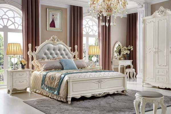 Conjunto de dormitorio clásico Cama Muebles de madera maciza 2x Mesita de noche 3 piezas