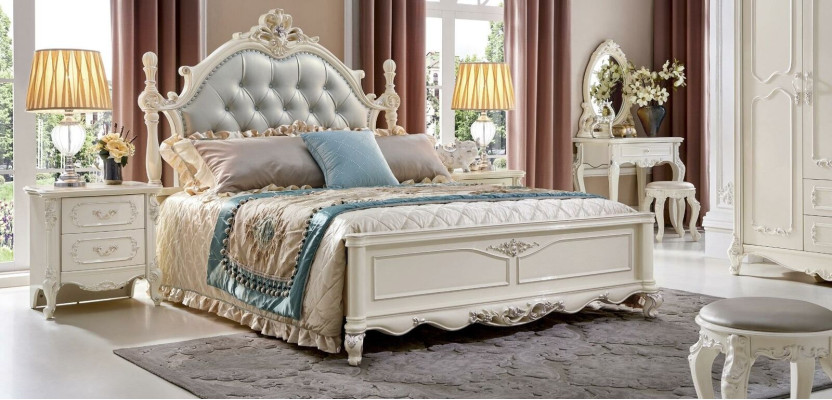 Conjunto de dormitorio clásico Cama Muebles de madera maciza 2x Mesita de noche 3 piezas