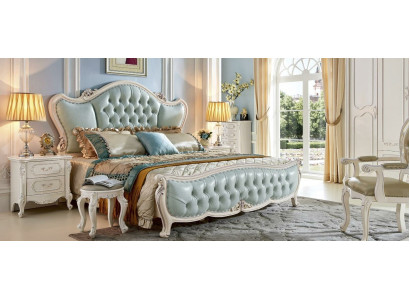 Conjunto clásico de dormitorio barroco de diseñador con cama y 2 mesitas de noche, 3 piezas de madera maciza.