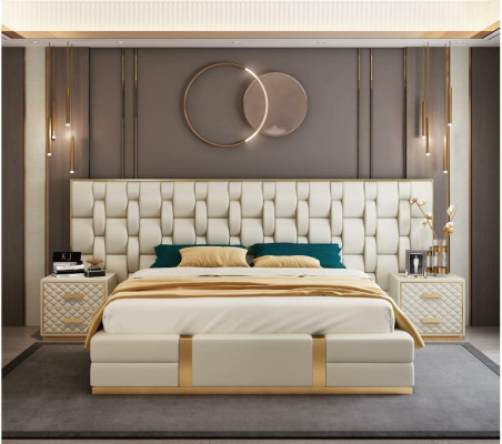 Acero inoxidable cama de lujo Metal Cuero Camas Hotel Chesterfield 180x200