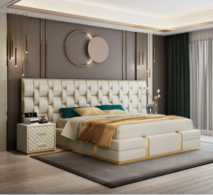Acero inoxidable cama de lujo Metal Cuero Camas Hotel Chesterfield 180x200