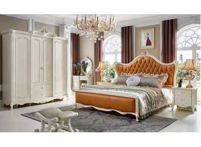 Set de dormitorio Cama doble 2x Mesita de noche Consola Tapizada 6 piezas Madera maciza