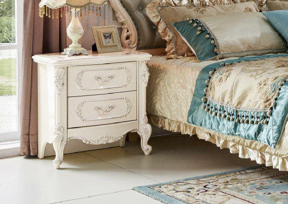 Juego de dormitorio de 7 piezas con mesita de noche, diseño de dormitorio de lujo con madera maciza.