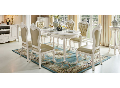 Clásica grupo de comedor de 4 sillas Chesterfield blancas y beige en madera maciza.