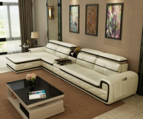 Sofá de cuero de lujo en forma de L esquina moderno acolchado relajante mueble conjunto de sala