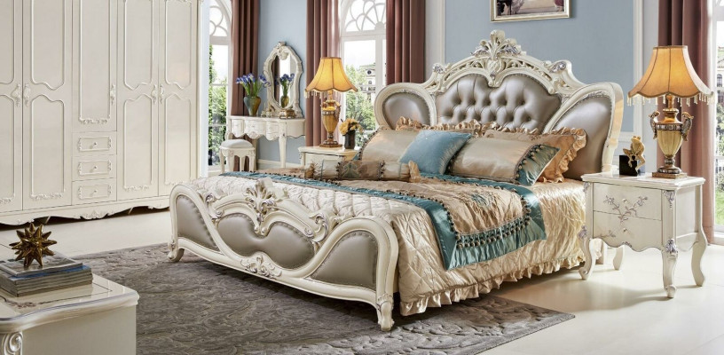 Conjunto de dormitorio clásico de 6 piezas. Cama con 2 mesitas de noche. Lujo completo de madera maciza.