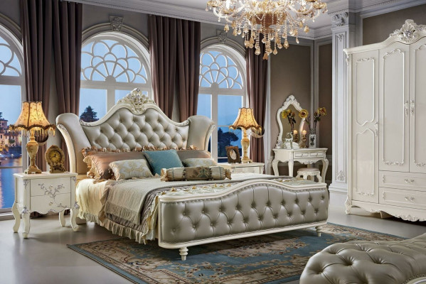 Juego de dormitorio de diseño de 6 piezas. Cama barroca, mesita de noche, armario de madera maciza.