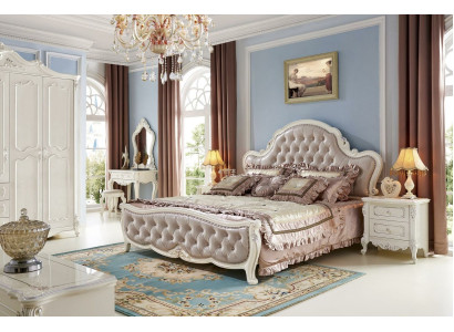 Cama Mesita de noche Tocador Dormitorio Taburete Juego de 6 piezas Madera maciza