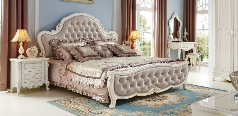 Cama Mesita de noche Tocador Dormitorio Taburete Juego de 6 piezas Madera maciza