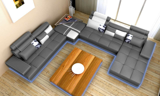 XXL sofá esquinero de diseñador en forma de U, tapizado, conjunto de esquina.