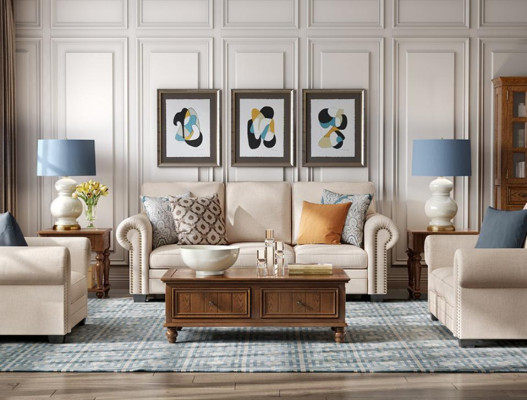 Sofá de tres piezas con 2 asientos, sofá tapizado en tela con diseño de asientos.