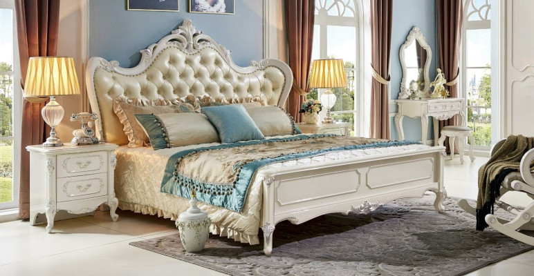 Cama Mesita de noche Armario de ropa Conjunto de dormitorio de 6 piezas Taburete Barroco Madera maciza