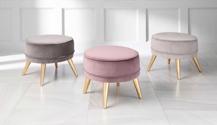 Taburete otomano de tela de diseño de lujo moderno para sala de estar, rosa y redondo.