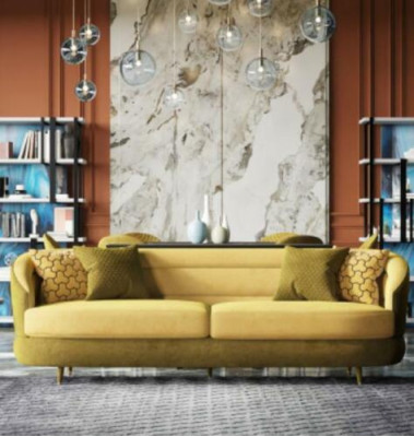 Diseño sofá lounge de terciopelo amarillo de 3+1 plazas con sofá de sala de estar.