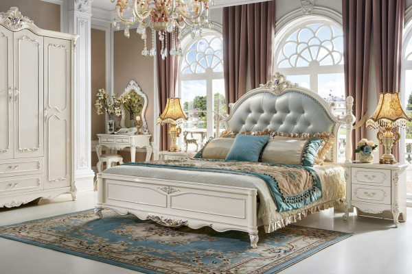 Conjunto de dormitorio Chesterfield de 6 piezas. Muebles barrocos reales Cama de madera maciza