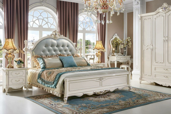 Conjunto de dormitorio Chesterfield de 6 piezas. Muebles barrocos reales Cama de madera maciza