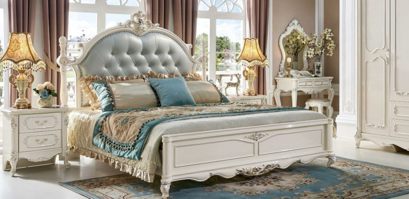Conjunto de dormitorio Chesterfield de 6 piezas. Muebles barrocos reales Cama de madera maciza