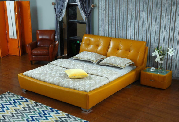 Cama doble de diseño para dormitorio con cama de cuero de hotel de lujo.