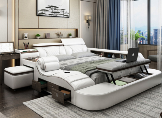 Cama multifuncional con altavoces Bluetooth, diseño de lujo, camas de cuero.