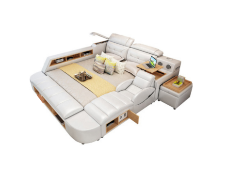 Diseño de cama de lujo doble de cuero con USB, multifunción de hotel.