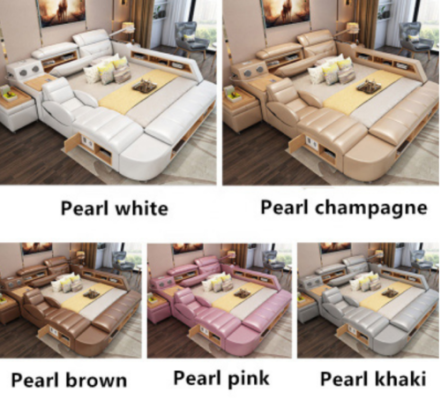 Diseño de cama de lujo doble de cuero con USB, multifunción de hotel.