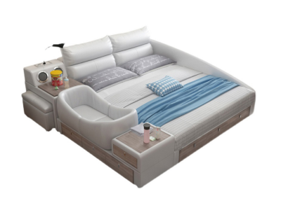 Cama multifunción con estante, armario, estación de carga USB y cama doble de cuero.