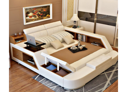 Doble cama de lujo de diseño en cuero, camas tapizadas modernas de hotel.