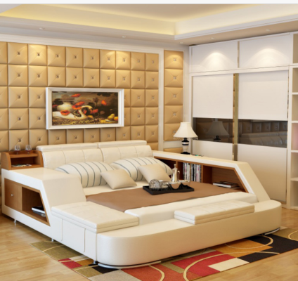 Doble cama de lujo de diseño en cuero, camas tapizadas modernas de hotel.