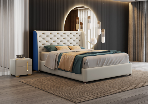 Diseño de cama acolchada de lujo doble cama de hotel dormitorio de cuero moderno.