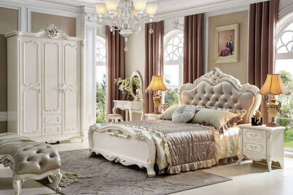 Conjunto de dormitorio Cama real de 6 piezas. Muebles de estilo barroco Chesterfield de madera maciza.