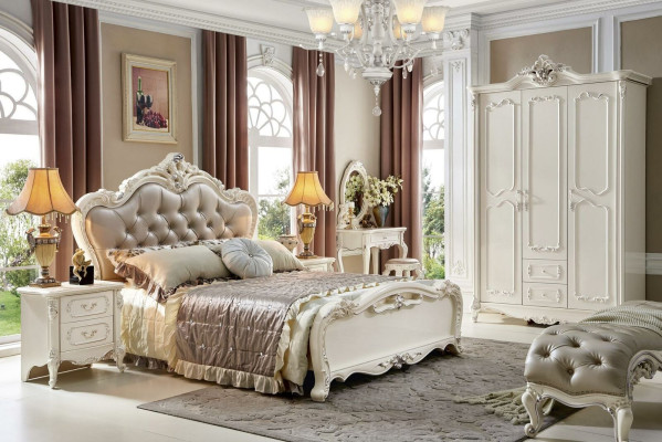 Conjunto de dormitorio Cama real de 6 piezas. Muebles de estilo barroco Chesterfield de madera maciza.