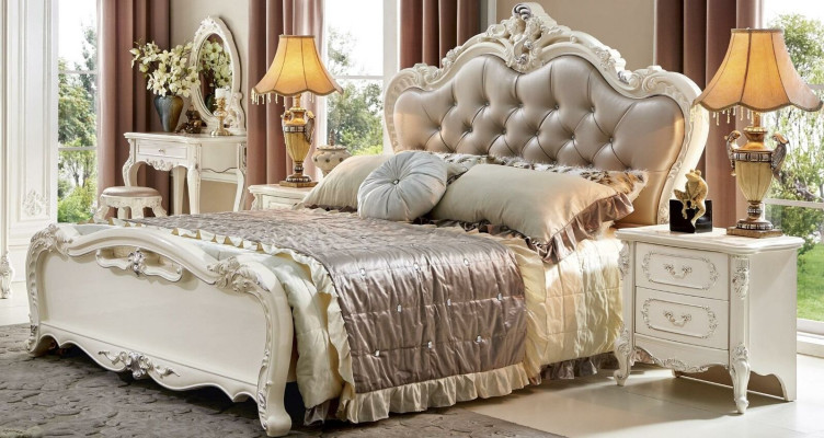 Conjunto de dormitorio Cama real de 6 piezas. Muebles de estilo barroco Chesterfield de madera maciza.