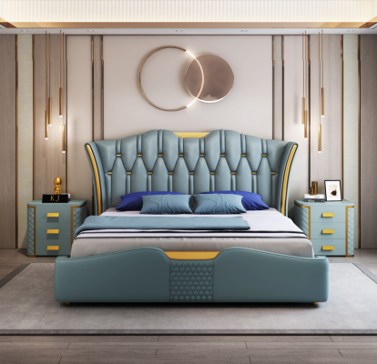 Diseño de cama doble con cabecero verde para hotel de 180x200 cm.
