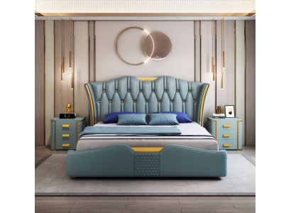 Diseño de cama doble con cabecero verde para hotel de 180x200 cm.