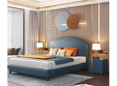 Camas acolchadas, diseño de lujo, camas matrimoniales de metal, dormitorio matrimonial azul.