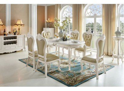 Clásico conjunto de mesa de comedor de madera maciza con 6 sillas, juego de mesa y sillas de comedor de 7 piezas.