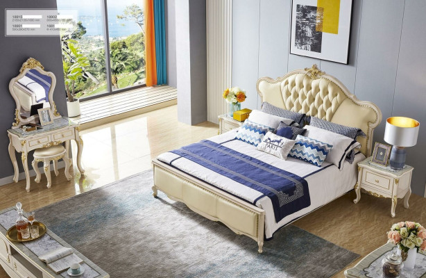 Conjunto de dormitorio clásico con cama, tocador, mesita de noche y taburete, de 5 piezas en madera maciza.