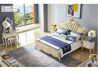 Conjunto de dormitorio clásico con cama, tocador, mesita de noche y taburete, de 5 piezas en madera maciza.