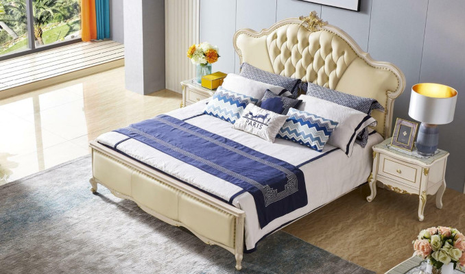 Conjunto de dormitorio clásico con cama, tocador, mesita de noche y taburete, de 5 piezas en madera maciza.
