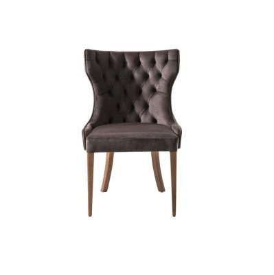Silla de diseñador Chesterfield marrón de lujo con respaldo tapizado de madera.