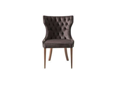 Silla de diseñador Chesterfield marrón de lujo con respaldo tapizado de madera.