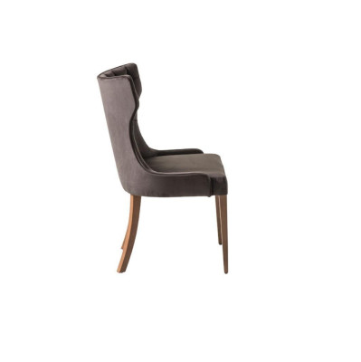 Silla de diseñador Chesterfield marrón de lujo con respaldo tapizado de madera.