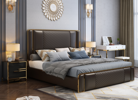 Cama de diseñador de lujo para el dormitorio tapizada en terciopelo. Muebles y camas de tela.