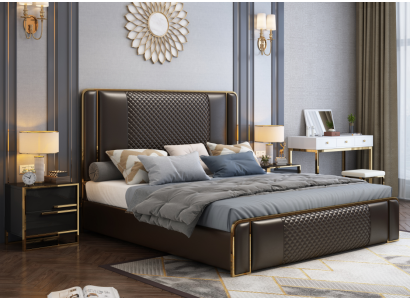 Cama de diseñador de lujo para el dormitorio tapizada en terciopelo. Muebles y camas de tela.