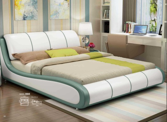 Cama de diseño en dormitorio de lujo Cama doble de cuero de hotel tapizada.
