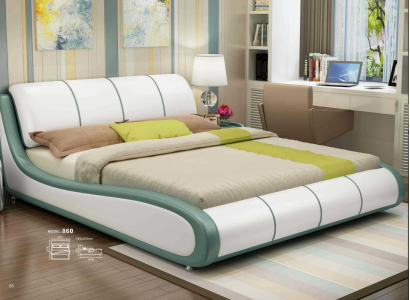 Cama de diseño en dormitorio de lujo Cama doble de cuero de hotel tapizada.