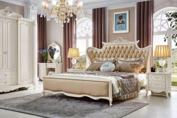 Conjunto de dormitorio clásico rococó de 3 piezas. Mesitas de noche Cama cuero Madera maciza.